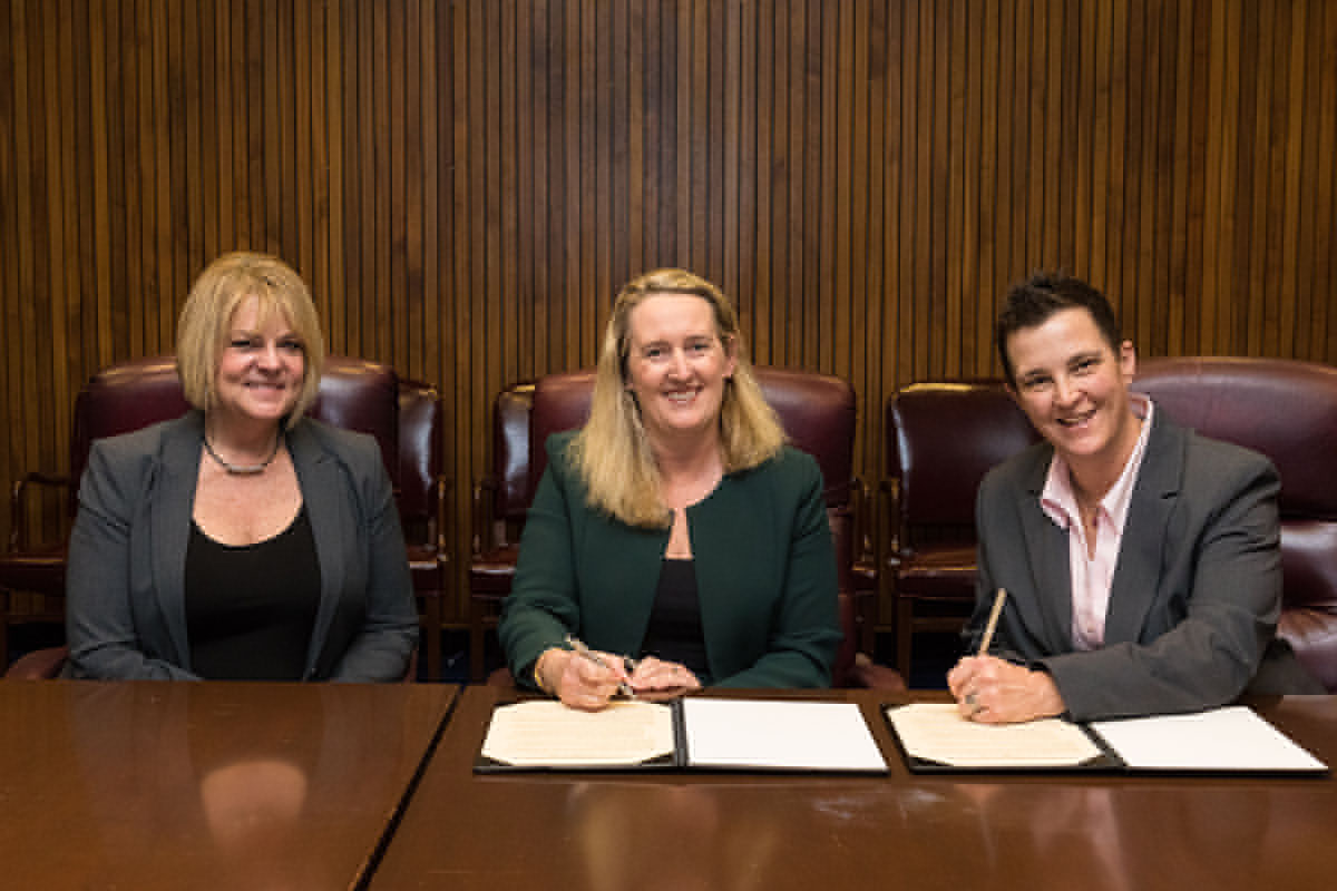 Treasa M. Turnbeaugh, CEO, BCSP; Loren Sweatt, Deputy Assistant Secretary, USDOL-OSHA; and Linda F. Martin, President, BCSP at the Alliance signing ceremony on February 1, 2018.