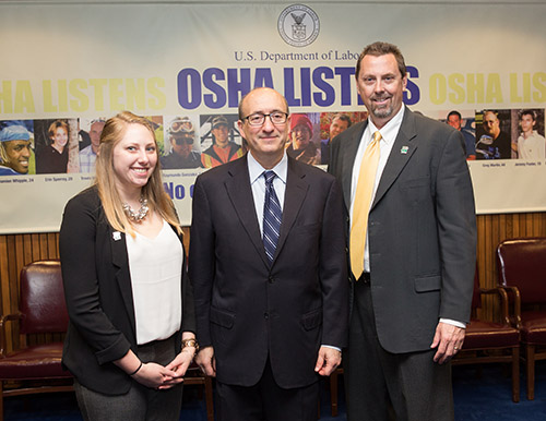 (L to R): Katherine Henmueller, CCAR Manager of Operations, then-Assistant Secretary Dr. David Michaels, and Charles Ayers, CCAR President, at the Alliance renewal ceremony on May 12, 2015.
