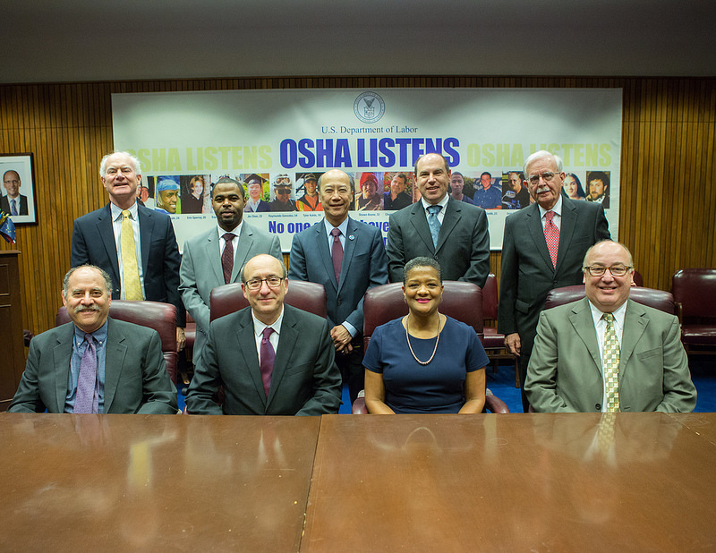 Then-Assistant Secretary Dr. David Michaels, USDOL-OSHA and representatives of the Roadway Work Zone Safety and Health Partners at the alliance renewal ceremony on December 17, 2015.