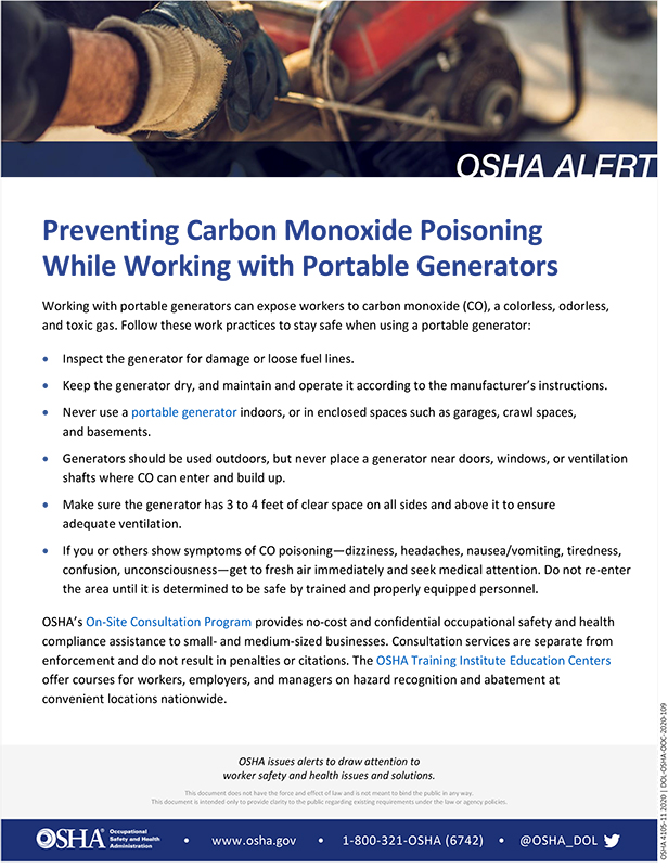 Portable Generators: Preventing Carbon Monoxide Poisoning While Working with Portable Generators: OSHA Alert
