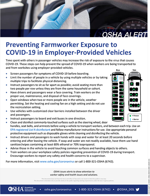 Coronavirus: Preventing Farmworker Exposure to COVID-19 in Employer-Provided Vehicles: OSHA Alert