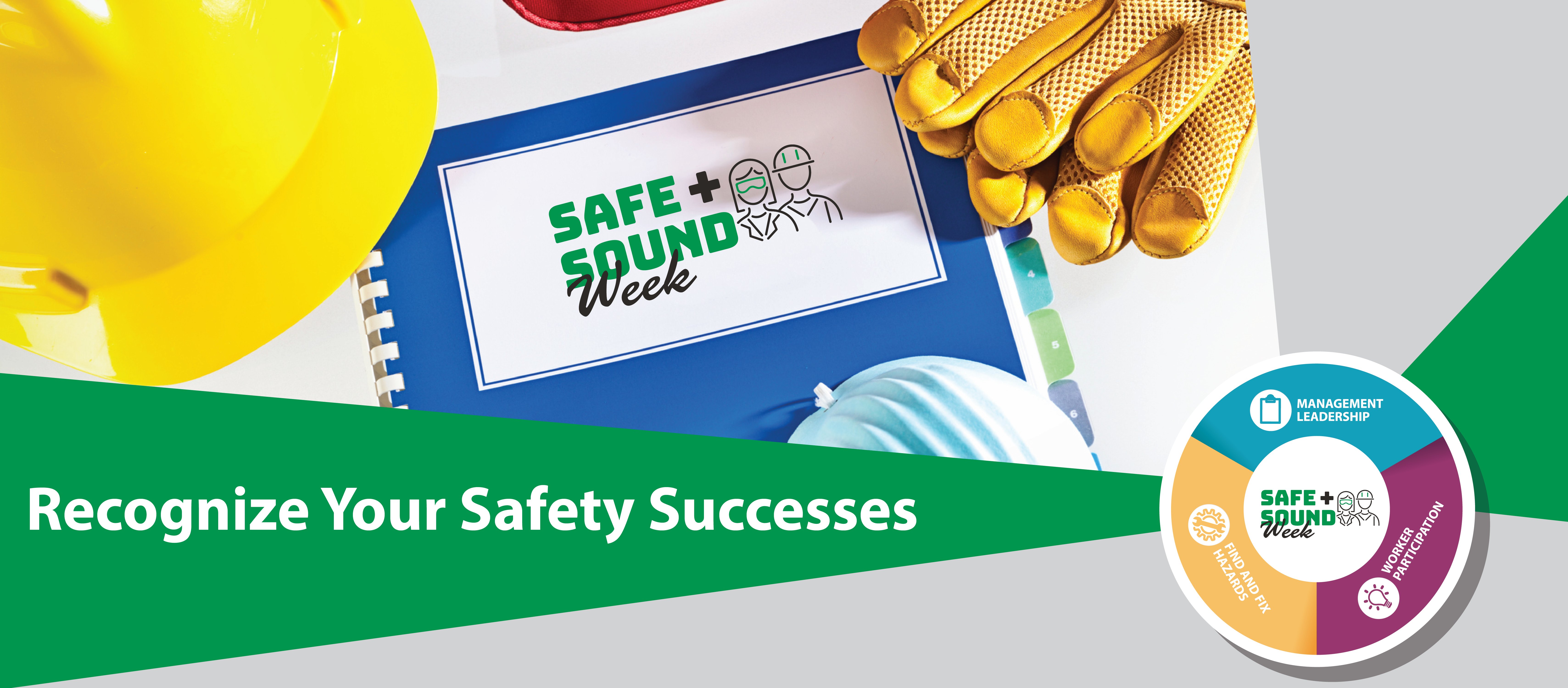 Image of hard hat, work gloves and a Safe + Sound Week labelled manual with the text: Recognize your Safety Successes and the Safe + Sound Week logo at the bottom right of the image