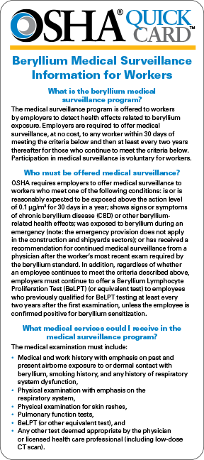 Beryllium Medical Surveillance Information for Workers QuickCard