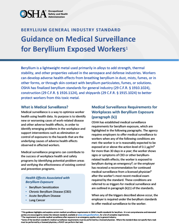 Beryllium: Guidance on Medical Surveillance for Beryllium Exposed Workers