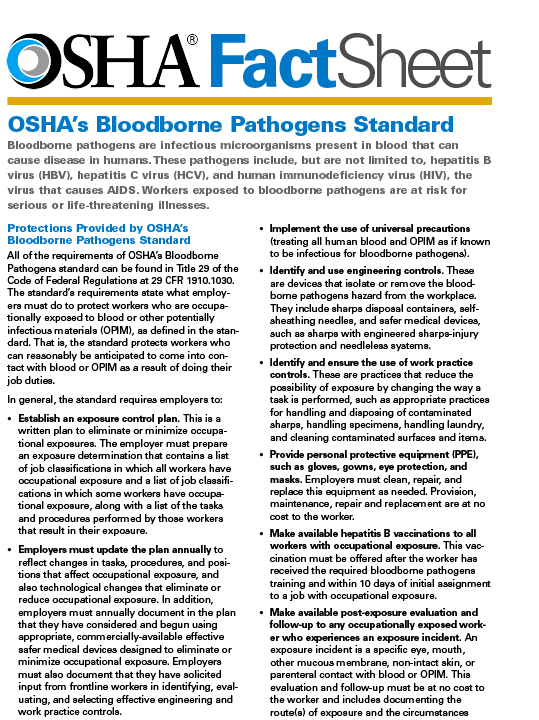 Bloodborne Pathogens - OSHA's Bloodborne Pathogens Standard Fact Sheet