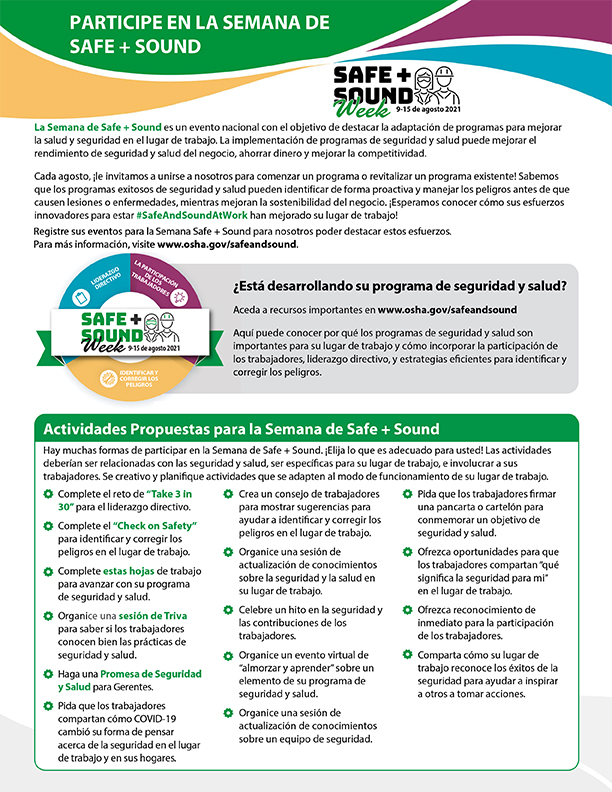 Participate in Safe + Sound Week PDF Document - Spanish language version