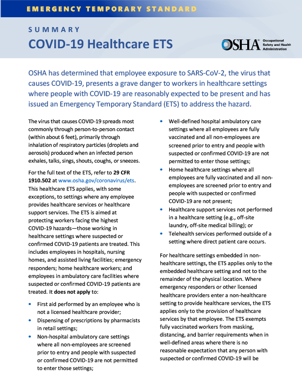 COVID-19 Healthcare ETS Summary