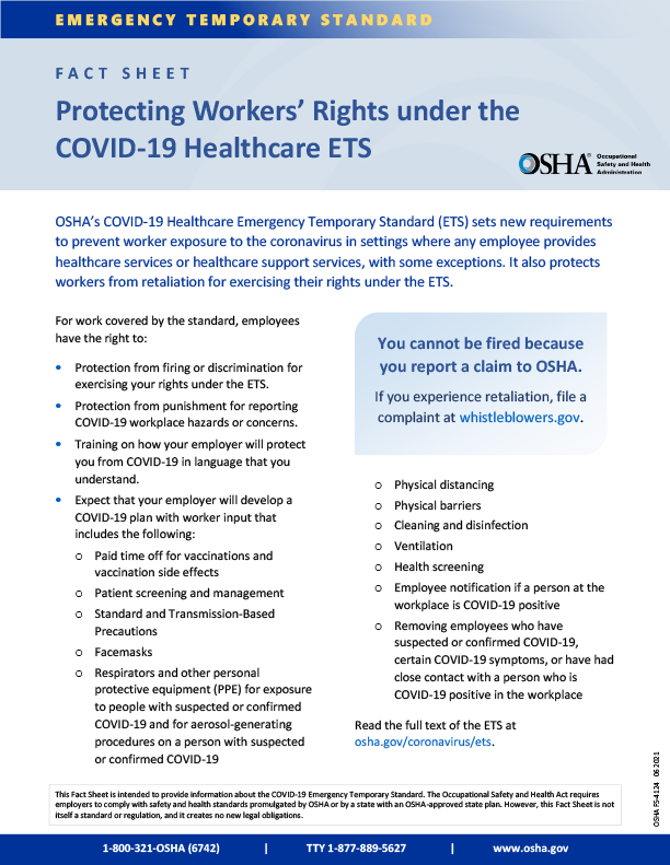 COVID-19 Healthcare ETS: Protecting Workers' Rights under the COVID-19 Healthcare ETS Fact Sheet