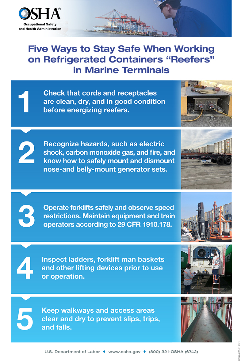 Longshoring and Marine Terminals: Five Ways to Stay Safe When Working on Refrigerated Containers “Reefers” in Marine Terminals Poster