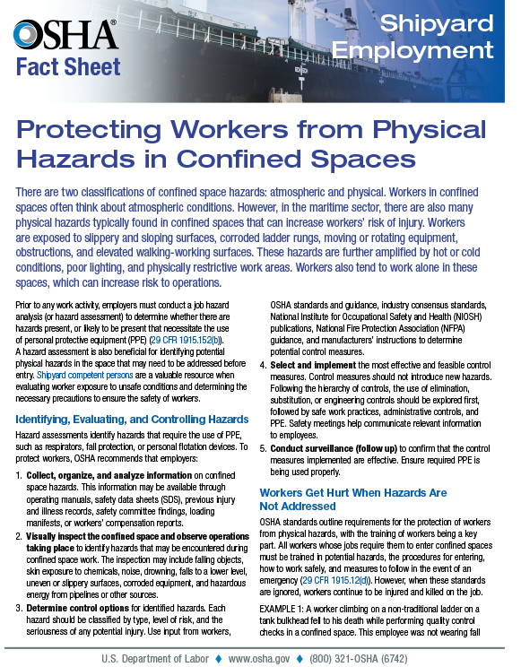 Shipyard Employment: Protecting Workers from Physical Hazards in Confined Spaces Fact Sheet