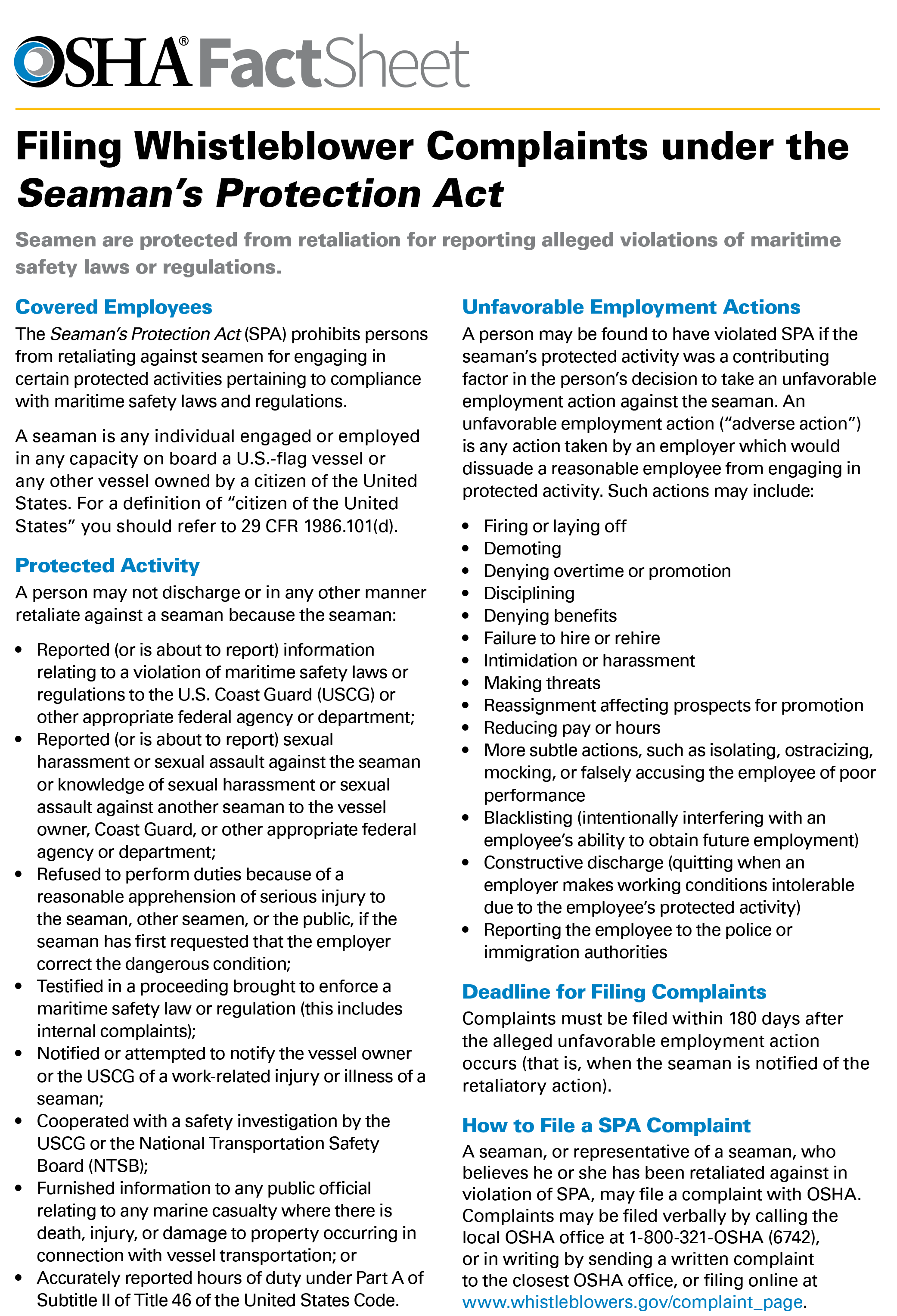 Whistleblower: Filing Whistleblower Complaints under the Seaman's Protection Act Fact Sheet Poster