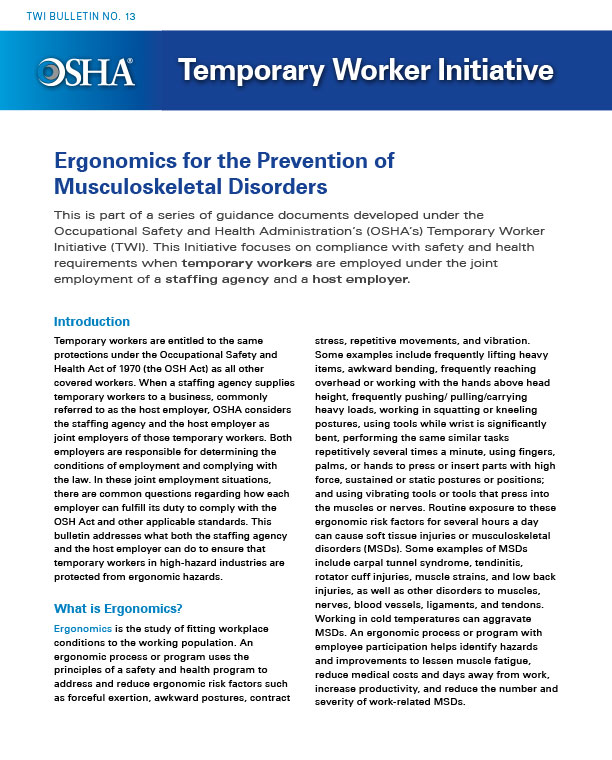 Temporary Worker Initiative (TWI) Bulletin No. 13 – Ergonomics for the Prevention of Musculoskeletal Disorders