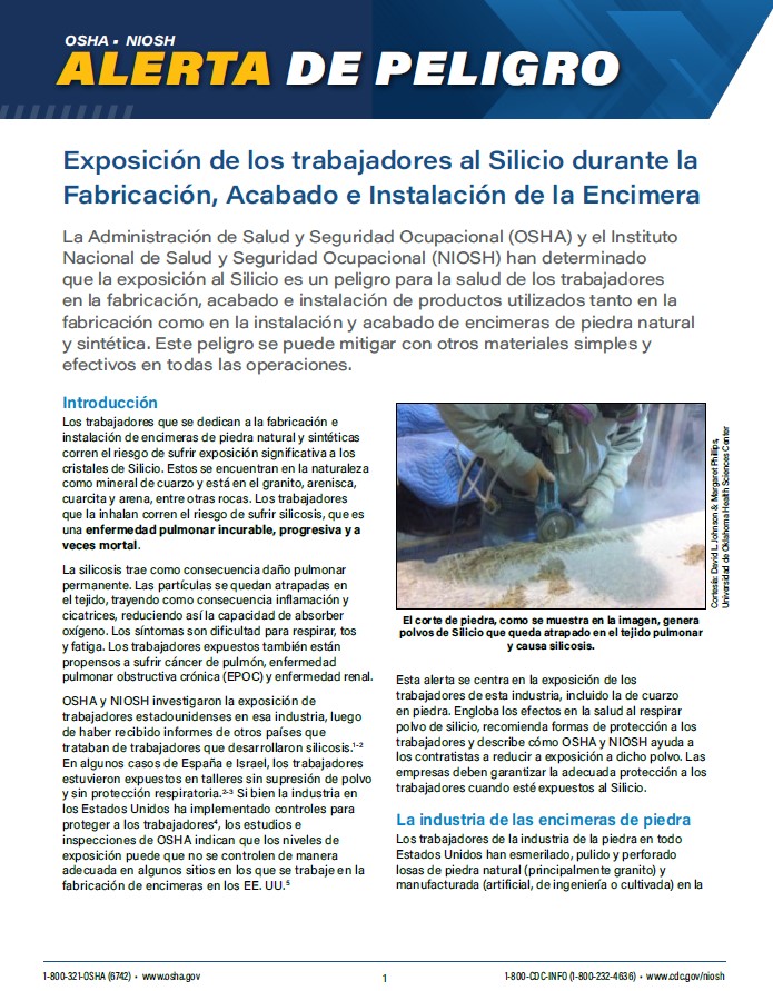 Silica: OSHA/NIOSH Hazard Alert - Worker Exposure to Silica during Countertop Manufacturing, Finishing and Installation