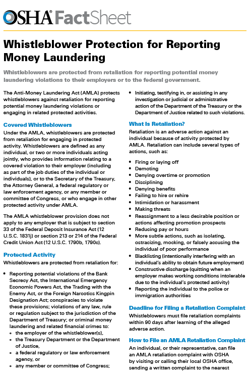 Whistleblower Protection for Reporting Money Laundering Fact Sheet