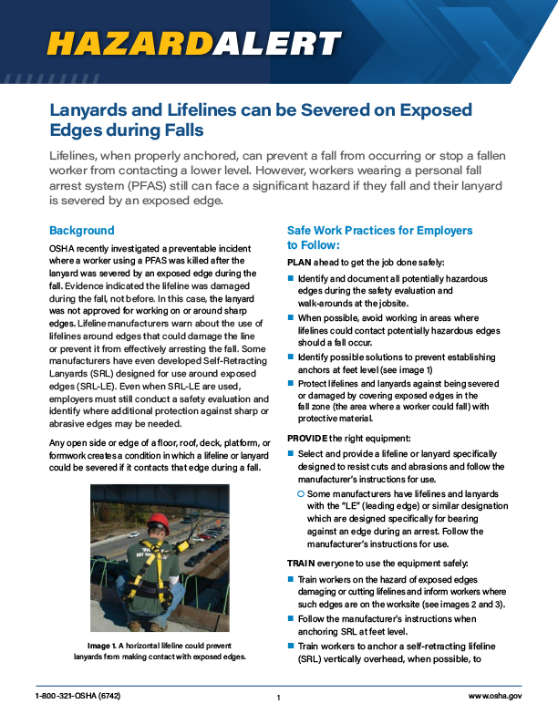 Fall Protection: Lanyards and Lifelines can be Severed on Exposed Edges during Falls Hazard Alert