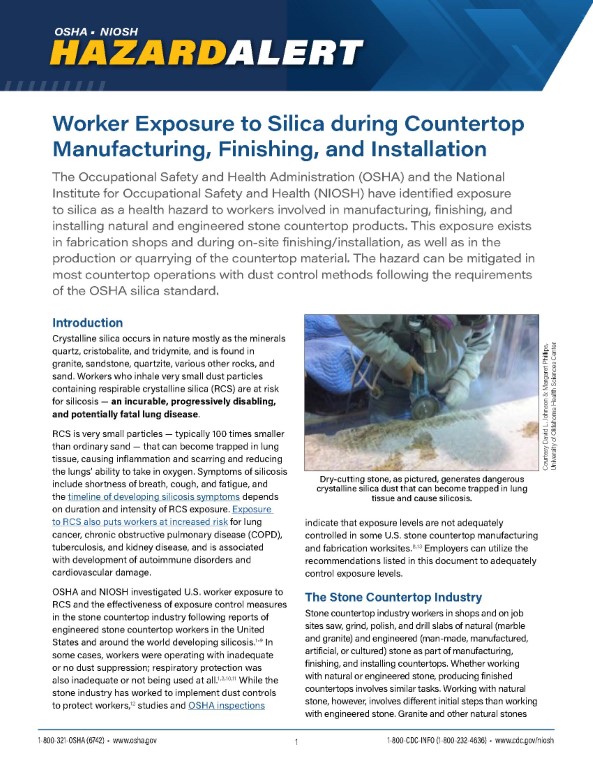 Silica: OSHA/NIOSH Hazard Alert  - Worker Exposure to Silica during Countertop Manufacturing, Finishing and Installation