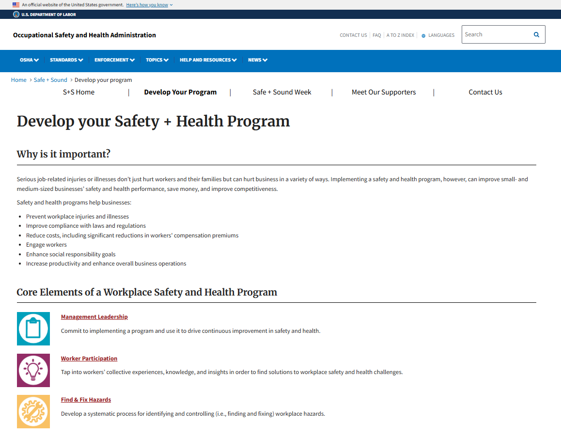 Develop your Safety + Health Program web page
