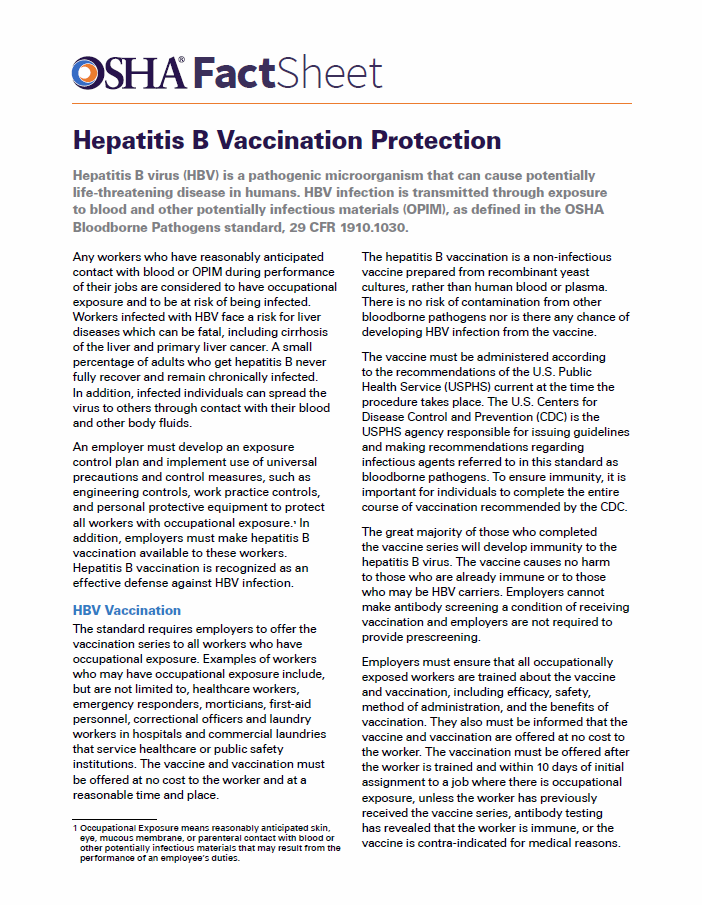 Bloodborne Pathogens - Hepatitis B Vaccination Protection Fact Sheet