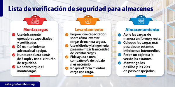 LISTA DE VERIFICACIóN DE SEGURIDAD PARA ALMACENES : Montacargas - Levantamiento - Almacenamiento : osha.gov/warehousing