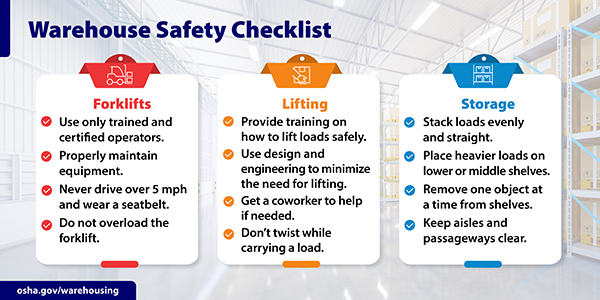 WAREHOUSE SAFETY CHECKLIST: Forklifts - Lifting - Storage : osha.gov/warehousing