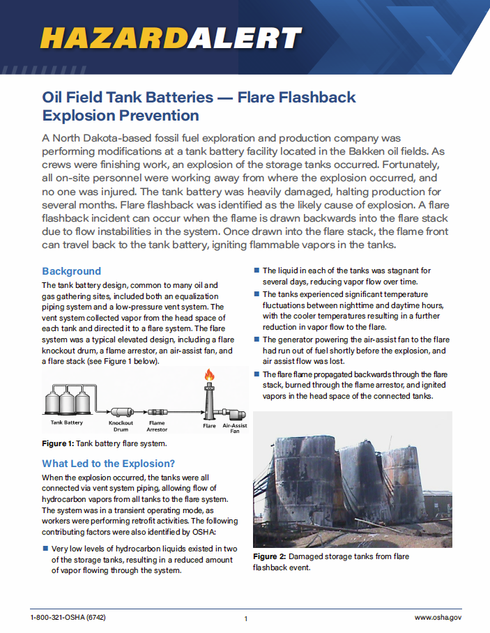 Hazard Alert: Oil Field Tank Batteries – Flare Flashback Explosion Prevention