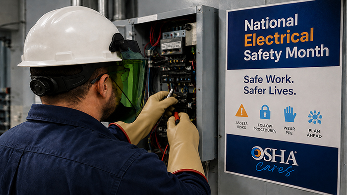 Worker wearing proper PPE working on electrical panel. Poster on wall next to him says National Electrical Safety Month. Safe Work. Safer Lives. Assess Risks - Follow Procedures - Wear PPE - Plan Ahead. The OSHA Cares logo is at the bottom of the poster.