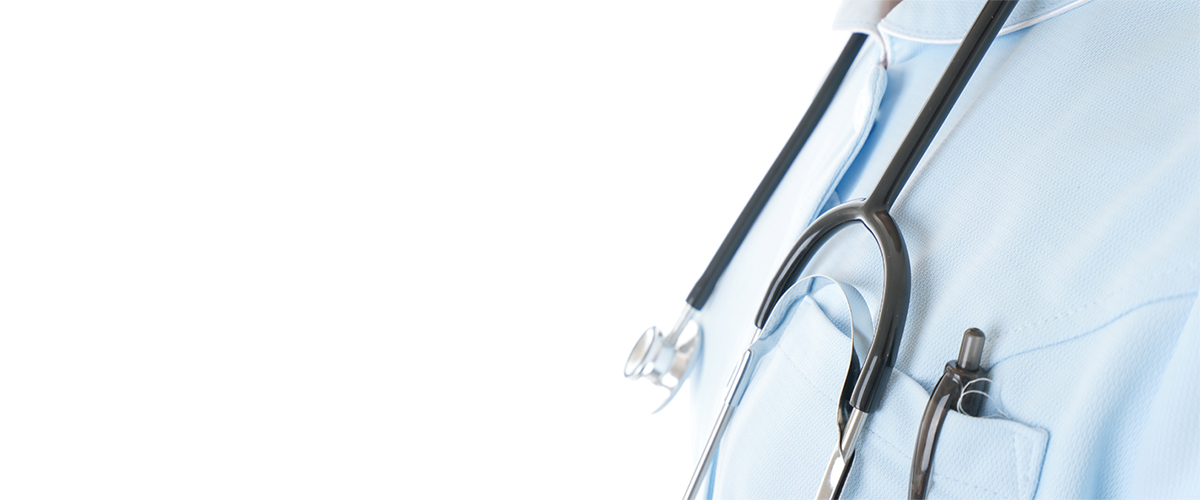 A nurse's uniform shirt with a stethoscope around the neck, and a pen in the pocket.
