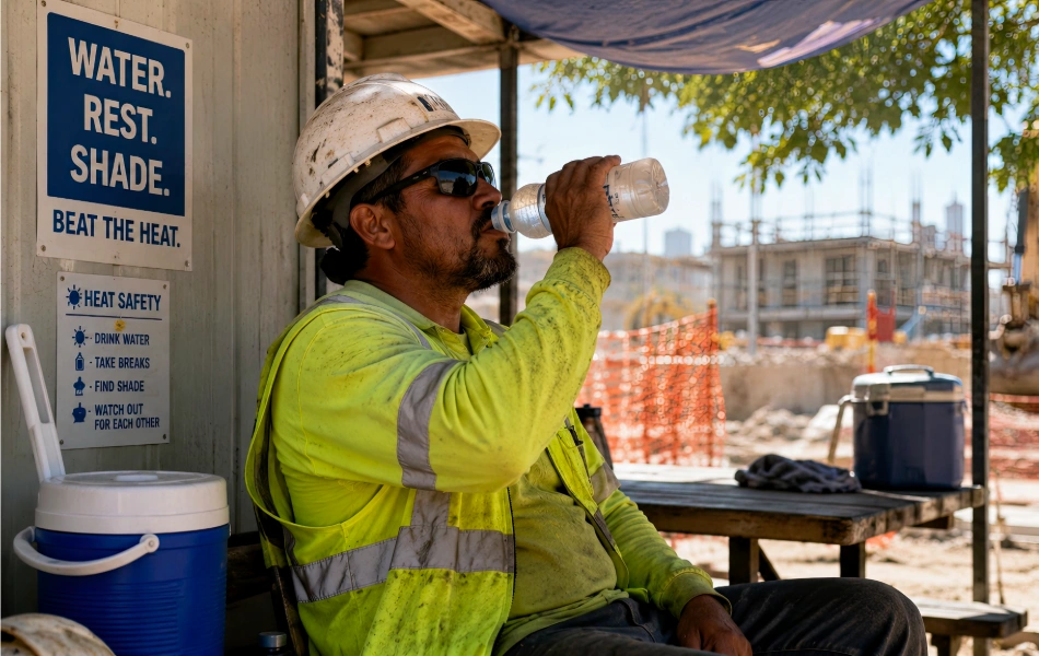 Worker drinking water in shade