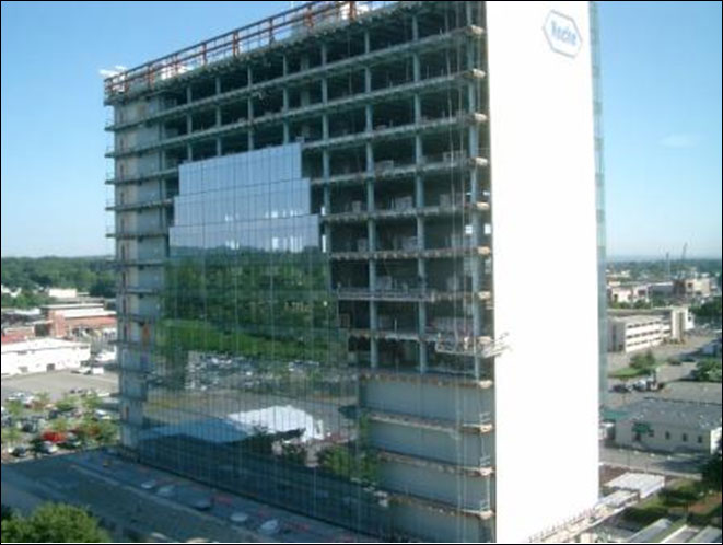 Hoffman LaRoche Building 76 with the façade replacement project underway