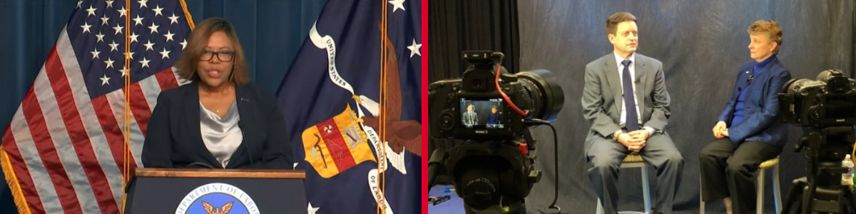 Photo on the left of Natalicia Tracy, Senior Policy Advisor, giving a press conference. Photo on the right of Douglas L. Parker, Assistant Secretary of Labor for Occupational Safety and Health, being interviewed, with the cameras in view.