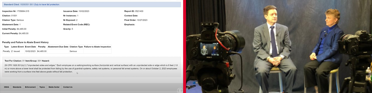 On the left, a screen capture of an OSHA video. On the right, Douglas L. Parker, Assistant Secretary of Labor for Occupational Safety and Health, being interviewed, with the cameras in view.