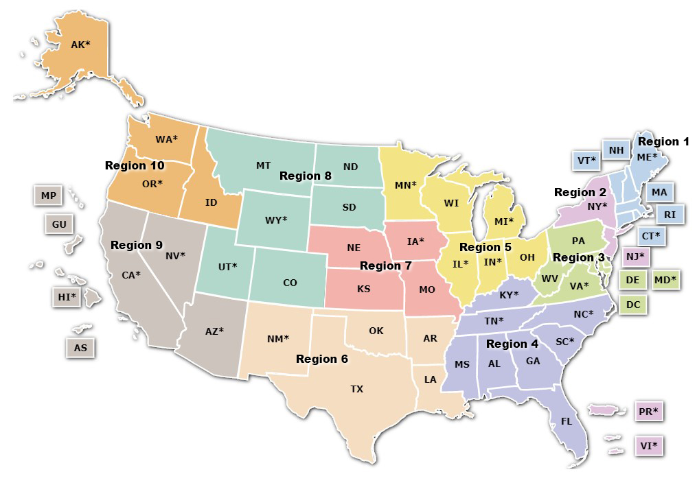 Map of the United States of America showing the ten regions and their associated states. This information is also available at the top of each Region section.