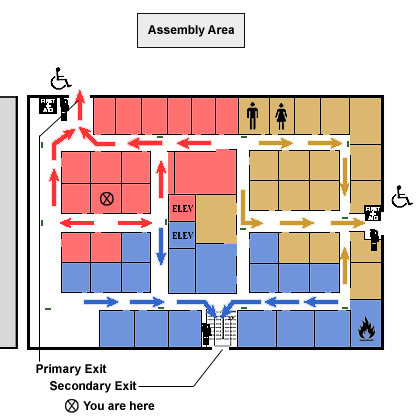 Assembly area, primary exit, secondary exit, you are here