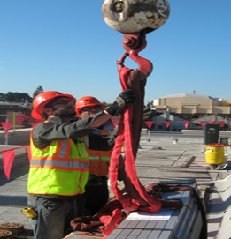 contruction workers holding up house frame