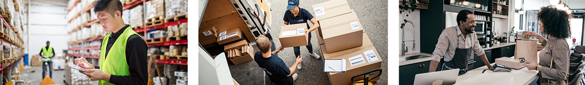 Workers. Two men working in a warehouse, wearing reflective vests. A man and a woman loading a delivery truck. A man helping a woman in a retail establishment.