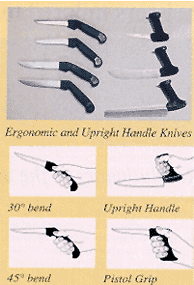 The ideal posture when performing hand intensive tasks is to keep the wrist in a straight (neutral) position. Using bent handled knives allows the wrist to remain neutral during the cutting task. Providing knives with different sized handles can also reduce the amount of finger force that is used because a handle that is too big or too small for the employee's hand requires more finger force.