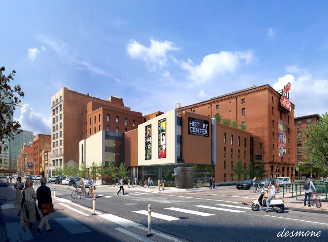 A graphic artist designed photo illustrating how the new 6 story Heinz History Center, in Pittsburgh’s Strip District, will appear on a street corner after the project is completed.