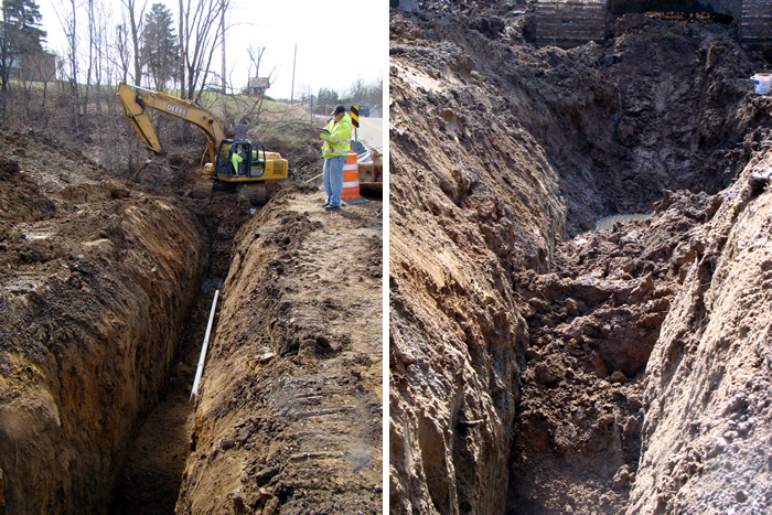 Workers were ordered out of the trench (left) just moments before a portion collapsed (right), avoiding possible injury or loss of life.
