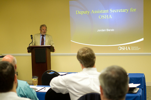 Then-Deputy Assistant Secretary Jordan Barab, OSHA, discusses the 2012 Hazard Communication Standard with Alliance participant representatives at the July 18, 2012, OSHA and SCHC Alliance Hazard Communication/GHS Roundtable.