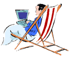 Illustration of worker using a computer in a lawn chair