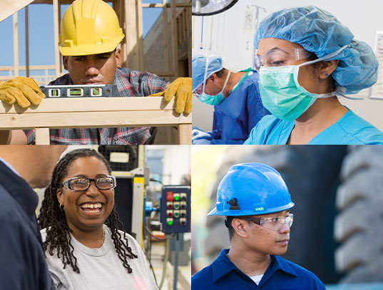 Collage of workers from various industries