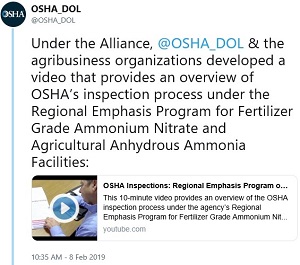 Under the Alliance, @OSHA_DOL & the agribusiness organizations developed a video that provides an overview of OSHA’s inspection process under the Regional Emphasis Program for Fertilizer Grade Ammonium Nitrate and Agricultural Anhydrous Ammonia Facilities: