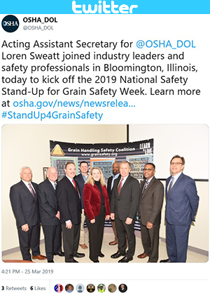 Twitter post - Acting Assistant Secretary for @OSHA_DOL Loren Sweatt joined industry leaders and safety professionals in Bloomington, Illinois, today to kick off the 2019 National Safety Stand-Up for Grain Safety Week.