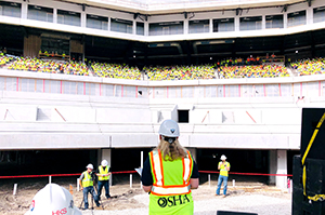 OSHA’s Loren Sweatt speaks to more than 1,600 workers at the site of the new Texas Rangers stadium in Arlington, Texas.