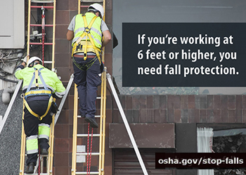 Workers wearing fall safety gear while climbing extention ladders. If you're working at 6 feet or higher, you need fall protection.