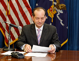 Labor Secretary Alexander Acosta recording public service announcements on storm recovery safety.
