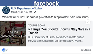 Facebook post - Worker Safety Tip: Use cave-in protection to keep workers safe in trenches.