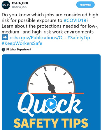 Do you know which jobs are considered high risk for possible exposure to #COVID19? Learn about the protections needed for low-, medium- and high-risk work environments.