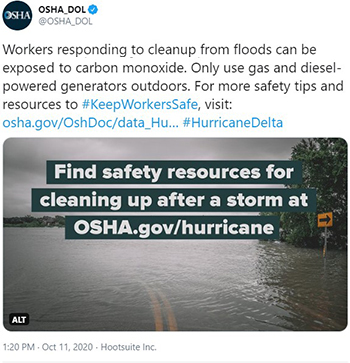 Workers responding to cleanup from floods can be exposed to carbon monoxide.